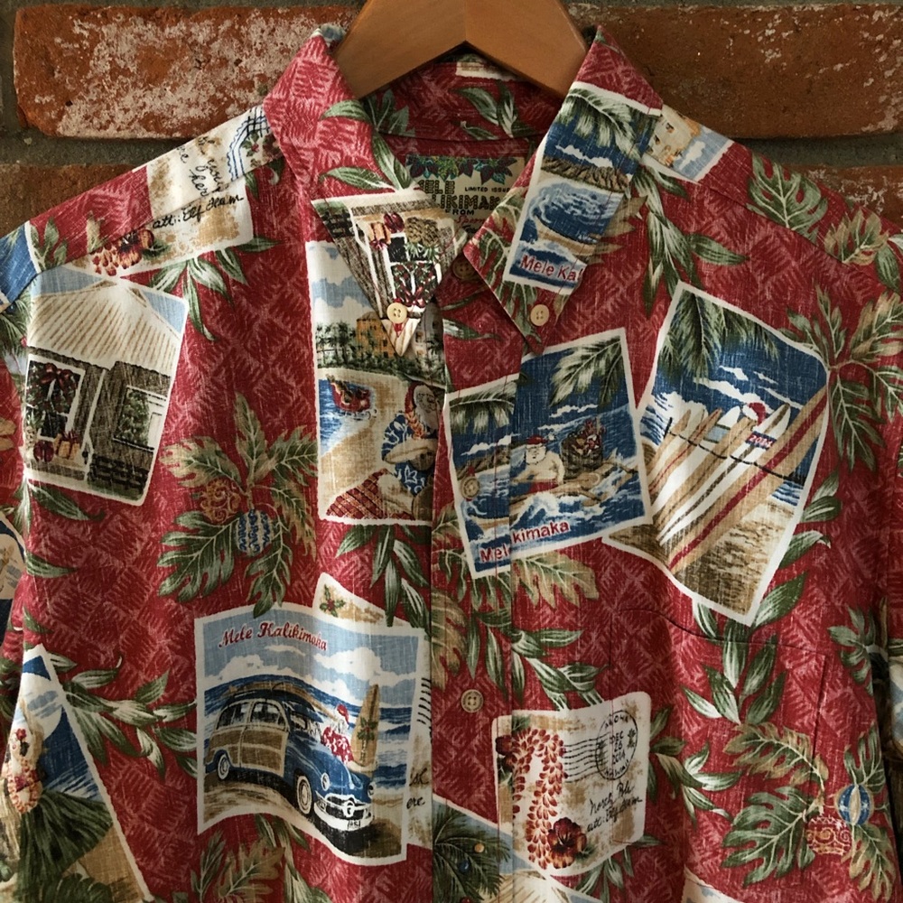 Reyn Spooner Mele Kalimaka Aloha Christmas Holiday Santa Postcard Hawaiian Shirt - Picture 3 of 11